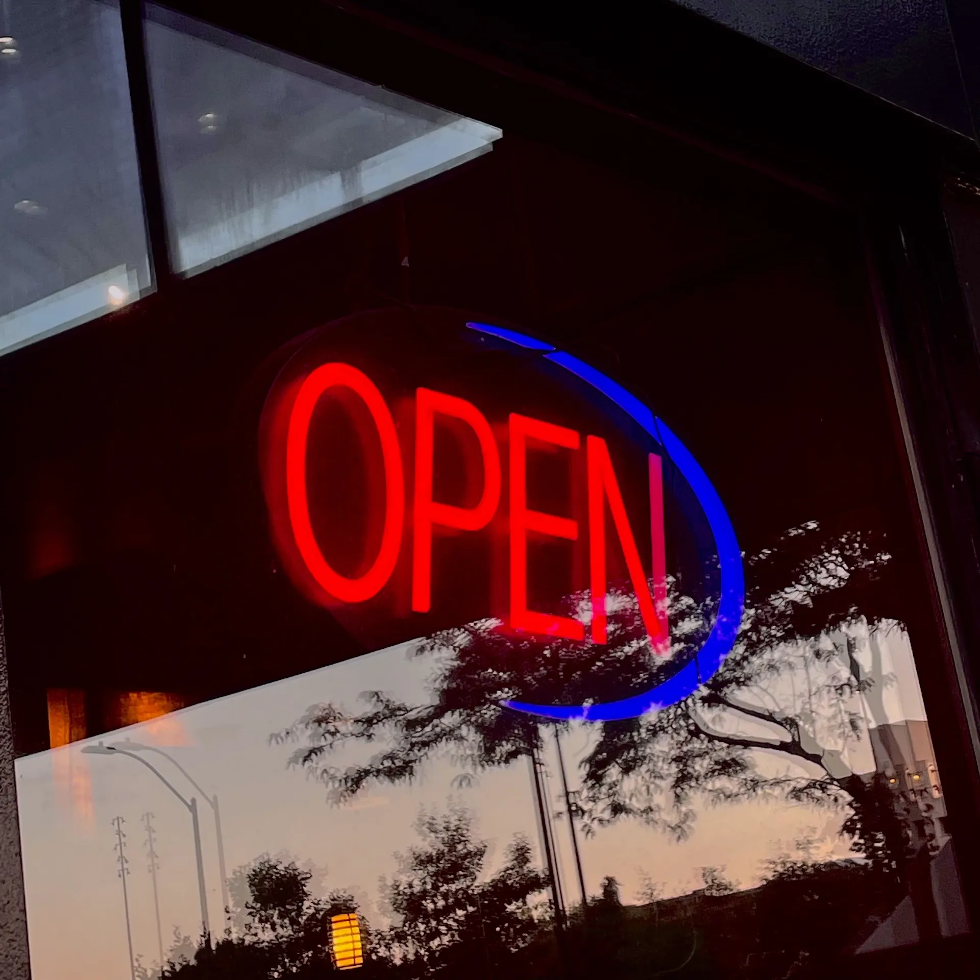 Reflection of a neon OPEN sign, blurred trees, and the sunset