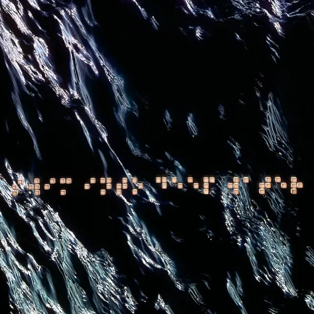 Abstract dark image with white streaks resembling water. Row of glowing squares, spelling swim into deep water in braille