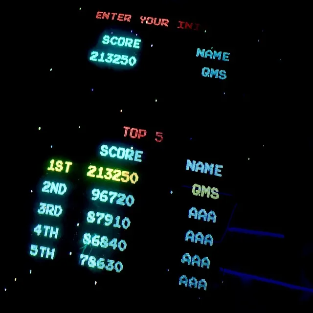 Galaga arcade game high score leaderboard; 1st place QMS, with a score of 213,250