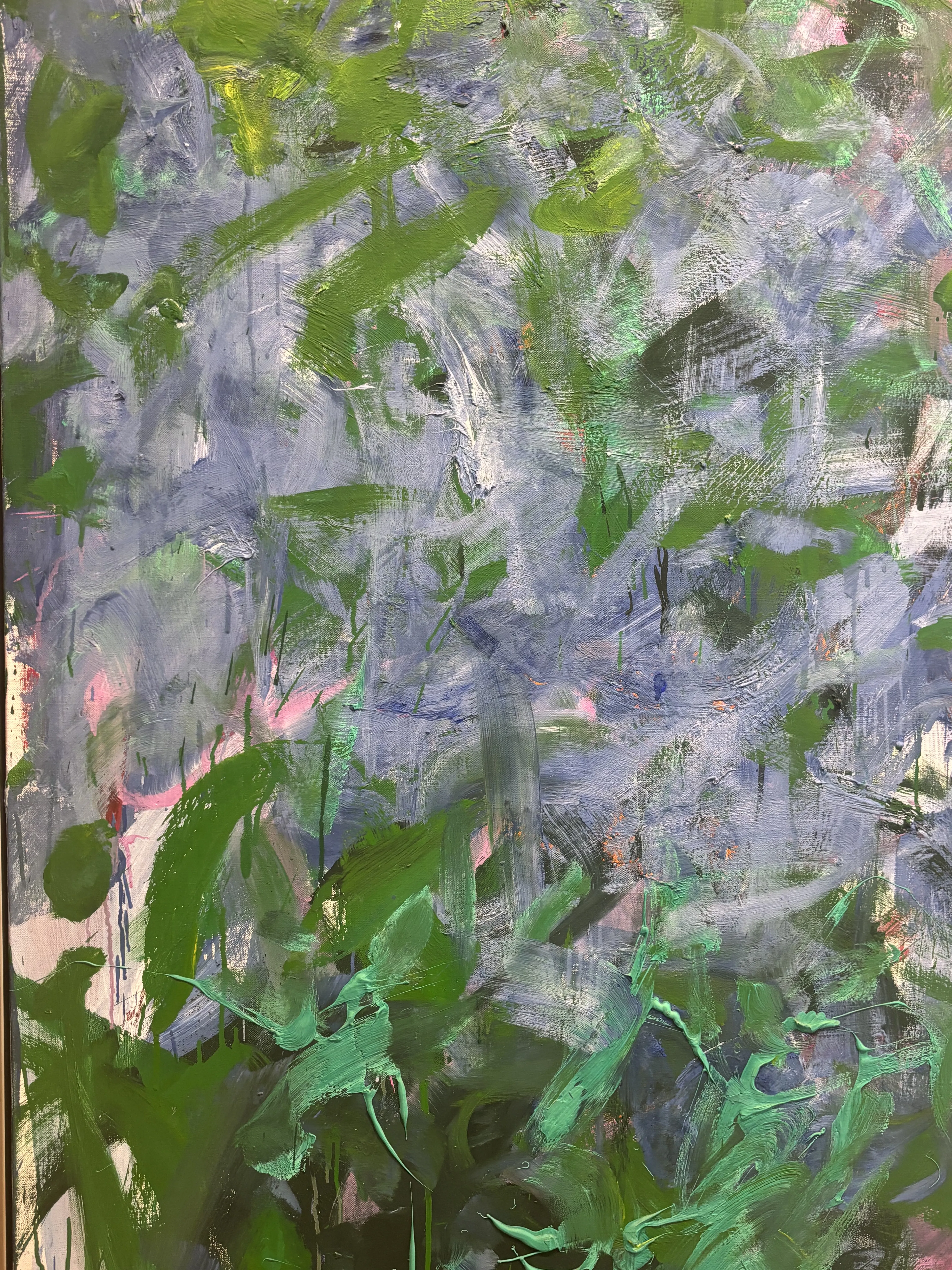 Section of a painting found at the Des Moines Art Center. Abstract blue, green, purple, and blue strokes