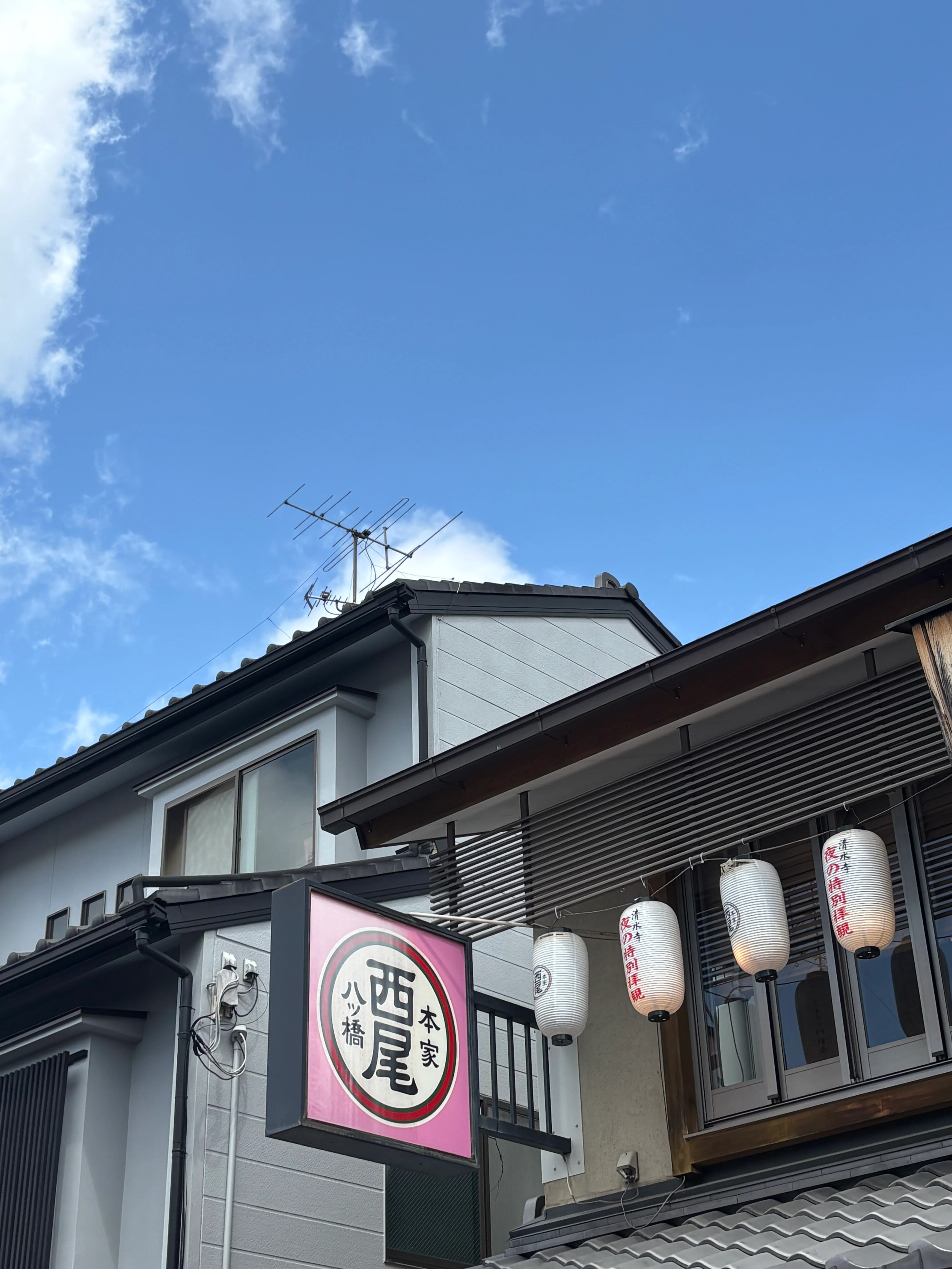 Building with a pink Japanese sign and lanterns, under a blue sky with a few puffy clouds