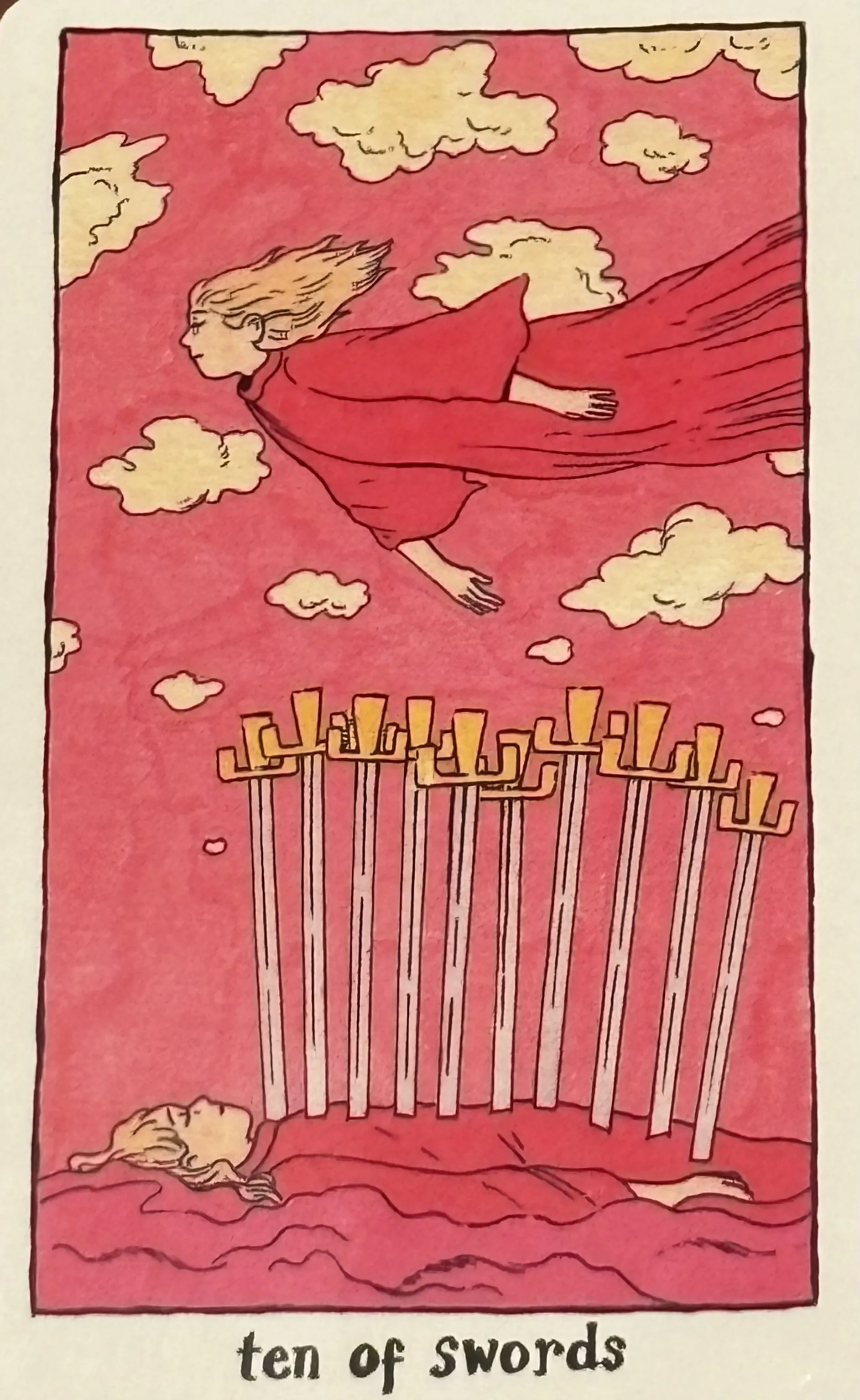Ten of swords tarot card, upright, featuring a young woman in a red dress flying through a pink sky with white clouds, hovering above a version of herself impaled with ten swords.